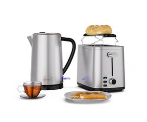 Klarstein Verosteel Essential Breakfast Set - Stainless Steel 2 Slice Toaster with 7 Browning Levels, Bun Holder, Removable Crumb Tray & 1.7L Electric Kettle with Limescale Filter