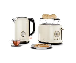 Klarstein Victoria Essential Breakfast Set - Retro 2 Slice Toaster with 7 Browning Levels, Bun Holder, Removable Crumb Tray, 1.7L Electric Kettle with Limescale Filter, Automatic Shut-Off, Cream