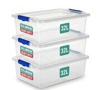 Klass 3 PCS 32L Underbed Plastic Storage Boxes With Lids, Clear Cliping Lid | 3 Pack, 32 Litre Nestable Stackable Storage Box With Clip-lock Lid, Under Bed Storage Containers For Home, Kitchen, Office