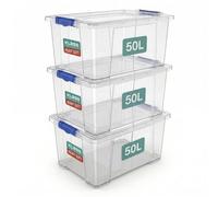 Klass 3 PCS 50L Plastic Storage Boxes With Lids, Cliping Lid Clear Storage