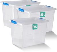 Klass 3 PCS 80L Plastic Storage Boxes With Lids, Clear Large Storage Box | 3 Pack, 80 Litre Large Heavy Duty Nestable Stackable Storage Box, Big Storage Containers For Home, Garage, Moving, Office