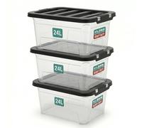 KLASS 3 x 24 Litre Storage Boxes with Lids Set of 3, Clear Multipurpose Nestable Stackable Plastic Storage Box With Lid 24L Clear Containers For Home, Kitchen, Garage, Office, Accessories
