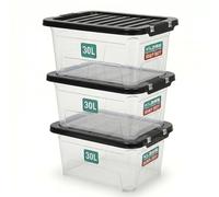 KLASS 3 x 30 Litre Storage Boxes with Lids Set of 3, Clear Multipurpose Nestable Stackable Plastic Storage Box With Lid 30L Clear Containers For Home, Kitchen, Garage, Office, Accessories