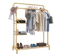 KLASS Double Clothes Rail Heavy Duty With Folding Shelves, 100KG Free Standing Garment Clothes Rack Stand With 2 Hanging Poles, Storage Shelves, Shoe Rack & 4 Hooks, Sturdy Clothing Rail (Gold)