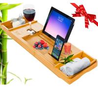 Klass Home Bath Tray | Bath Caddy | Bath Board with Book Rest Device Holder (iPad/Tablet/iPhone/Smartphone) Candle & Wine Glass Holder Extendable Bamboo Bath Caddy Bathtub Tray Wooden Bath Tray