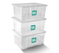 Klass Home Collection 3 x 50 Litre Plastic Storage Boxes With Lids Set of 3, Strong Multipurpose Stackable Large Storage Box With Lid 50L Clear Containers For Home, Kitchen, Garage, Office