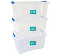 Klass Home Collection 3 x 50 Litre Storage Boxes with Lids Set of 3, Clip-Lock Lid, Sturdy 50L Clear Stackable Plastic Storage Box With Lid Containers For Home, Kitchen, Moving, Garage & Office