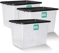 Klass Home Collection 3 x 80 Litre Large Plastic Storage Boxes With Lids - Heavy Duty Stackable 80L Large Storage Box With Lid, Big Plastic Containers For Home, Moving, Garage (3 x 80L - Black Lid)