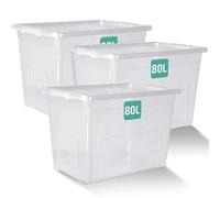 Klass Home Collection 3 x 80 Litre Large Plastic Storage Boxes With Lids Set of 3, Strong, Nestable Stackable Large Storage Box With Lid 80L Clear Plastic Containers For Home, Kitchen, Garage, Office