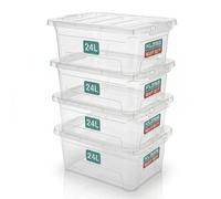 Klass Home Collection 4 x 24 Litre Plastic Storage Boxes With Lids Set of 4, Strong, Nestable Stackable Large Storage Box With Lid 240L Clear Plastic Containers For Home, Kitchen, Garage, Office
