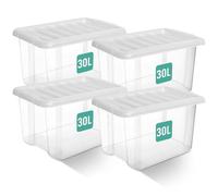 Klass Home Collection 4 x 30 Litre Clear Plastic Storage Boxes With Lids Set of 4, Strong Multipurpose Stackable Plastic Storage Box With Lid 30L Clear Containers For Home, Kitchen, Garage, Office
