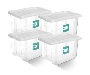 Klass Home Collection 4 x 30 Litre Clear Plastic Storage Boxes With Lids Set of 4, Strong Multipurpose Stackable Plastic Storage Box With Lid 30L Clear Containers For Home, Kitchen, Garage, Office