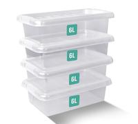 Klass Home Collection 4 x 6 Litre Plastic Storage Boxes With Lids Set of 4, Clear Multipurpose Nestable Stackable Plastic Storage Box With Lid 6L Clear Containers For Home, Kitchen, Garage, Office