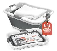 Klass Home Collection 58L Large Collapsible Laundry Baskets Plastic, Pop Up Foldable Washing Basket, Laundry Hamper For Sorting & Drying, Space Saving Folding Wash Bucket Tub (3-Handle, Grey)