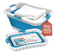 Klass Home Collection 58L Large Collapsible Laundry Baskets Plastic, Pop Up Foldable Washing Basket, Laundry Hamper For Sorting & Drying, Space Saving Folding Wash Bucket Tub (3-Handle, Blue)