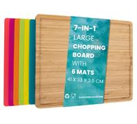 Klass Home Collection 7 in 1 Large Wooden Chopping Board Set with 6 Coloured PP Mats, Contamination Free Bamboo Cutting Boards for Kitchen with Integrated Plastic Mats for Cutting & Serving