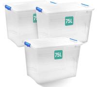Klass Home Collection 75L Bpa Free Plastic Storage Boxes With Lids, Set Of 3, Stackable, Clear, Clip-Lock