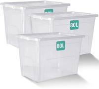 Klass Home Collection 80L Bpa Free Plastic Storage Boxes With Lids Set Of 3, Stackable, Clear