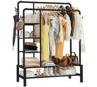 Klass Home Collection Heavy Duty Clothes Rail, 120KG Black Metal Rack With Double Hanging Clothing Rail, Shoe Rack, Storage Shelves & 4 Coat Hooks, W