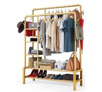 Klass Home Collection Heavy Duty Clothes Rail, 120KG Gold Metal Rack With Double Hanging Clothing Rail, Shoe Rack, Storage Shelves & 4 Coat Hooks, Wardrobe Clothes Rails For Bedroom Office