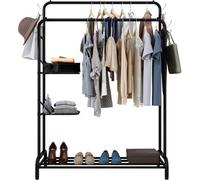 Klass Home Collection Heavy Duty Clothes Rail, Sturdy 100Kg Black Metal Clothes Rack With Double Hanging Clothing Rail, Shoe Rack, 2 Folding Shelves