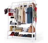 Klass Home Collection Heavy Duty Dual Metal Clothes Rail Stand With Shelves Hanging Storage Shelf Bedroom Garment Rack White
