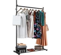 Klass Home Collection Portable Clothes Rail, Clothes Rack With Storage Shelf, 6 Hooks, Heavy Duty Clothes Rail On Feet, 50Kg Load (Black With Feet)