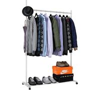 Klass Home Collection Portable Clothes Rail, Clothes Rack With Storage Shelf, 6 Hooks, Heavy Duty Clothes Rail On Wheels, 50Kg Load (White With Wheels)
