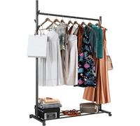 Klass Home Collection Portable Clothes Rail, Clothes Rack With Storage Shelf, 6 Hooks, Heavy Duty Clothes Rail On Wheels, 50Kg Load (Black With Wheels)