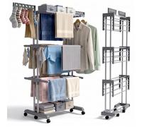 Klass Large 4 Tier Clothes Airer, Foldable Clothes Drying Rack With Wheels | Large Clothes Airer Indoor/Outdoor Use, Folding Base, Clothes Horse with 42kg load, 16m Drying Space, Rotating Arms, 6 Wheels