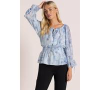Klass. Women's Floral Watercolour Print Textured Top in Blue | Size: 2XL