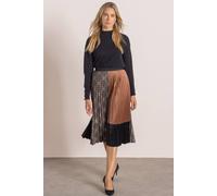Klass. Women's Pleated Patchwork Midi Skirt in Brown | Size: 18