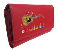 Klassek Acoustic Guitar Womans Red Purse Notes Flying Brand Image on Real Animal Leather Folk Guitarist Accessory Gift