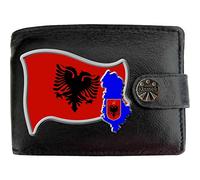 Klassek Albania Flag Albanian Map and Coat of Arms COA Mens Wallet Real Black Leather RFID Blocking with Coin Pocket and Metal Gift Box