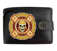 Klassek Aztecs Death God Mask Skull Mexico American Mens Wallet Real Black Leather RFID Blocking with Coin Pocket and Metal Gift Box