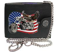 Klassek Biker Motorcycle Chopper American USA Flag Flying Bald Eagle Motor Bike Mens Chain Wallet Gift Box Brand Real Black Leather RFID Blocking with Coin Pocket