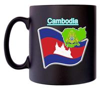 Klassek Cambodia Flag Cambodian Map Mug Coffee Tea 10oz Black Satin Royal Coat of Arms COA Crest Symbol