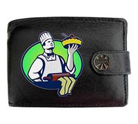 Klassek Chef Cook in Circle prensenting Cuisine Meal Mens Wallet Real Black Leather RFID Blocking with Coin Pocket and Metal Gift Box