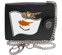 Klassek Cyprus Flag Cypriot Map and Coat of Arms COA Mens Wallet with Chain Real Leather RFID Blocking with Coin Pocket and Metal Gift Box