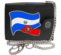 Klassek El Salvador Flag Salvadoran Map and Coat of Arms COA Mens Wallet with Chain Real Leather RFID Blocking with Coin Pocket and Metal Gift Box