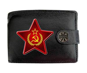 Klassek Hammer Sickle Star USSR Russian Emblem Mens Wallet Real Black Leather RFID Blocking with Coin Pocket and Metal Gift Box