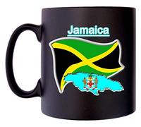 Klassek Jamaica Flag Jamaican Map Mug Coffee Tea 10oz Black Satin Coat of Arms COA Crest Symbol