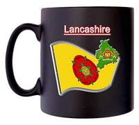 Klassek Lancashire Flag Lancs Map and Coat of Arms COA Mug Coffee Tea 10oz Black Satin Lancs