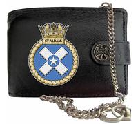 Klassek Men's Chain Wallet Real Black Leather with HMS St Albans Cap Badge Emblem Military Crest Insignia RFID Blocking with Coin Pocket and Metal Gift Box