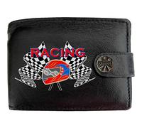 Klassek Motor Sport Racing Flags Moto Finish Mens Wallet Real Black Leather RFID Blocking with Coin Pocket and Metal Gift Box