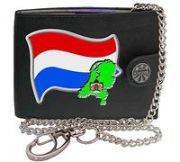 Klassek Netherlands Flag Dutch Map and Coat of Arms COA Mens Wallet with Chain Real Leather RFID Blocking with Coin Pocket and Metal Gift Box