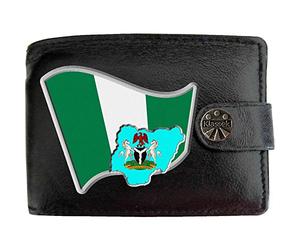 Klassek Nigeria Flag Nigerian Map and Coat of Arms COA Mens Wallet Real Black Leather RFID Blocking with Coin Pocket and Metal Gift Box