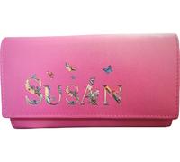 Klassek Personalised Name on Womens Pink Purse, Custom Designed Letters with Butterflies and Flowers, Brand Real Animal Leather Purse with RFID Protection, Wallet, Each Individully Designed
