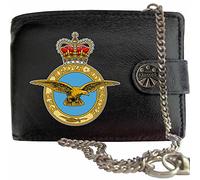 Klassek RAF Royal Air Force Badge Image Men Chain Wallet Real Leather Cap Badge Emblem Military Crest Insignia RFID Blocking with Coin Pocket and Metal Gift Box