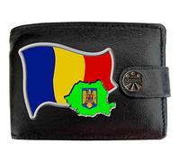 Klassek Romania Flag Romanian Map and Coat of Arms COA Mens Wallet Real Black Leather RFID Blocking with Coin Pocket and Metal Gift Box